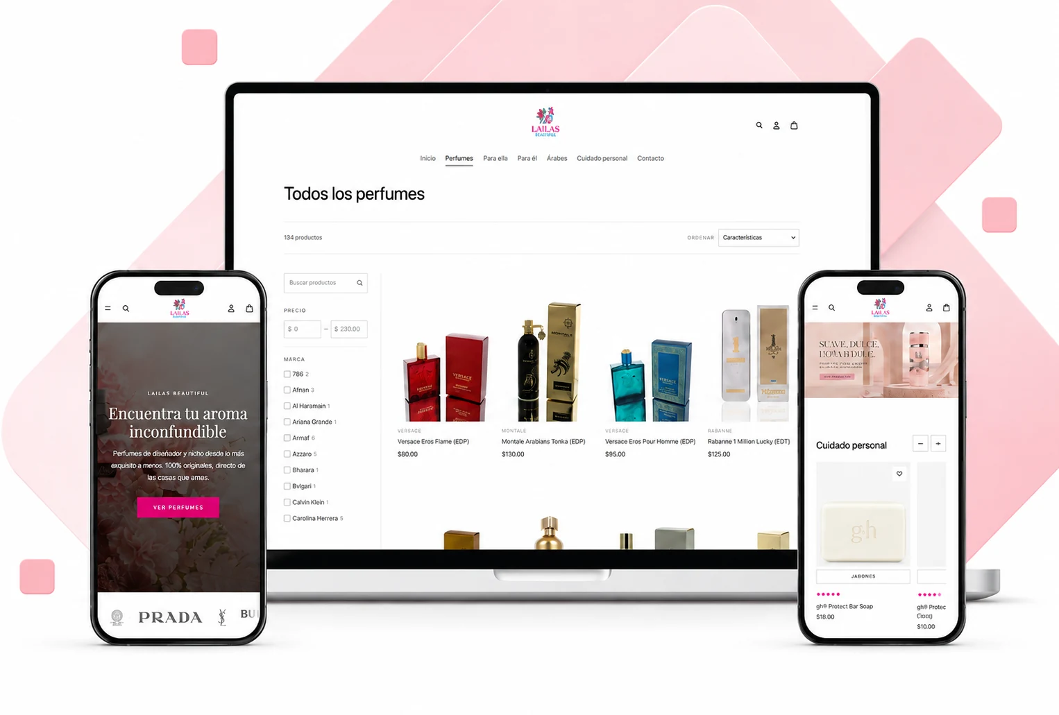 The Laila Beautiful store shown on a laptop and two phones: the perfume catalogue, the mobile homepage, and the skincare section