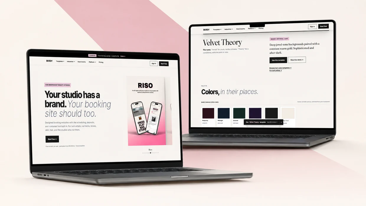 BKRDY on two laptops: the marketing homepage and the Velvet Theory template editor