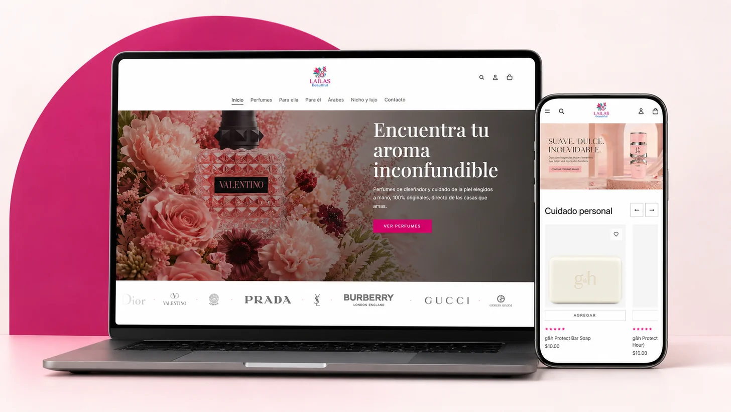 The Laila Beautiful storefront on a laptop and a phone: the perfume homepage and the skincare shelf