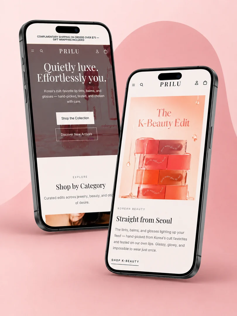 The PRILU Boutique store on two phones: the homepage and the K-Beauty edit