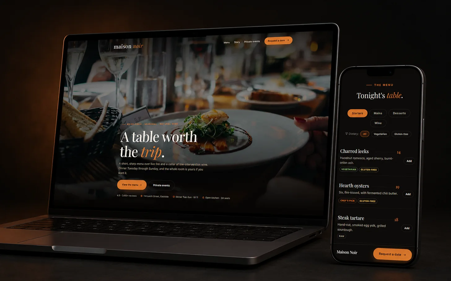 The Maison Noir concept site on a laptop and a phone, showing the hero and the menu