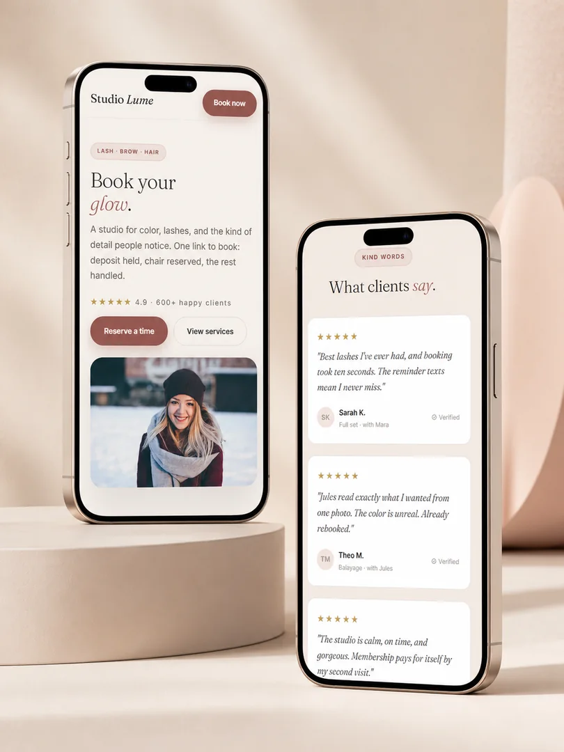 The Studio Lume concept site on two phones, showing the hero and client reviews